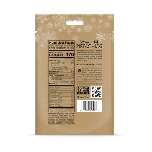 5.5 (Pack 4) Wonderful Pistachios No Shells, Sweet Cinnamon Flavored Nuts, Ounce Resealable Bag, Protein Snacks, Gluten