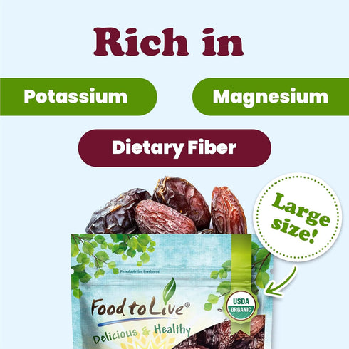 5 Food to Live - Organic Medjool Dates, Pounds Non-GMO, Whole Dried Dated with Pits, Large Size, Unsweetened