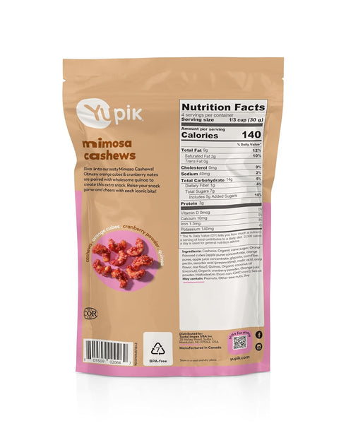 4.8 Oz, Yupik Orange Cranberry Mimosa Cashews, Kosher, Made with Natural Ingredients, Brunch Flavor, Cocktail-Inspired