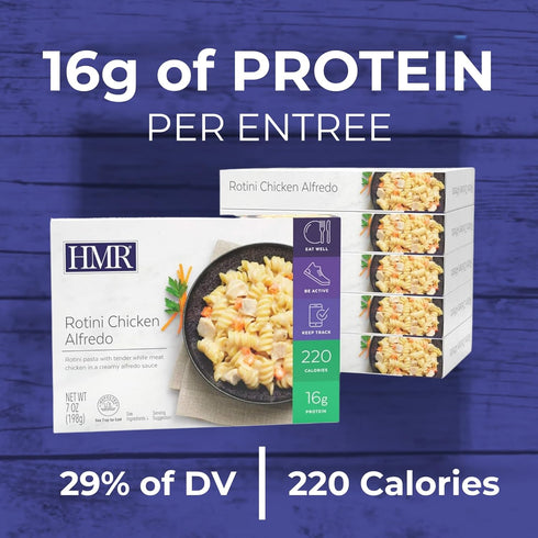 Pre-packaged 16g 7oz Pack 6 HMR Rotini Chicken Alfredo Entre | Lunch or Dinner to Support Healthy Eating | Ready to Eat