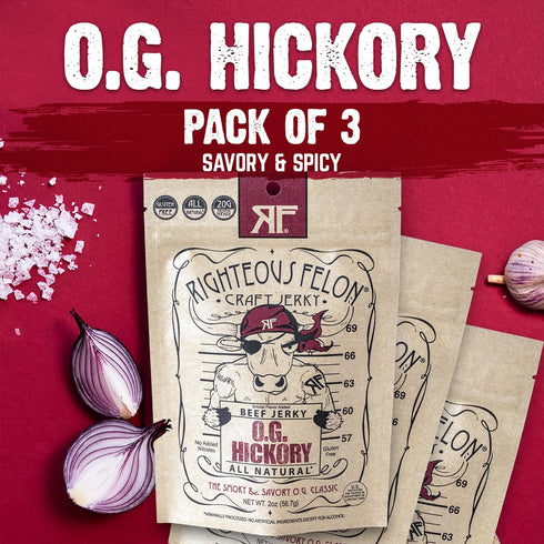 2 Pack 3 Righteous Felon Beef Jerky - OG Hickory Flavor - All-Natural Jerky - Locally Sourced & Dried Beef Jerky
