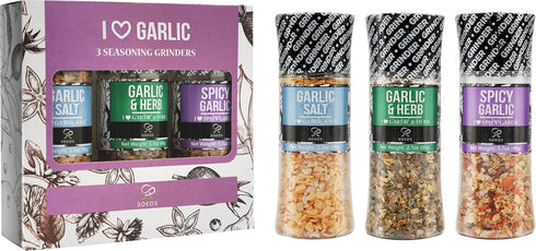 Soeos Spice Seasoning Set of 3 with Integrated Grinders, Spicy Garlic, Garlic & Herbs, Garlic Salt, Seasoning Gift Set.