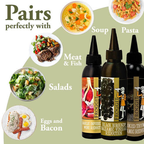 3-Piece 150ml Froggit Garlic Infused Red Wine Vinegar, Burgundy Bliss Balsamic Reduction, Smoked Thyme Balsamic Vinegar