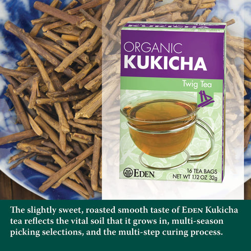 16 Eden Kukicha Organic Roasted Twig Tea, George Ohsawa Macrobiotic, Low Caffeine, Unbleached Manila Tea Bags/Box