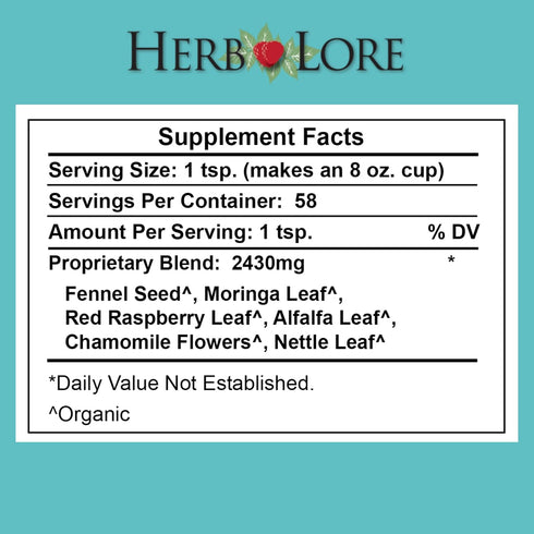 Herb Lore 58 Organic Nursing Tea - Servings - Loose Leaf - Fenugreek Free Lactation Tea with Moringa for Breastfeeding