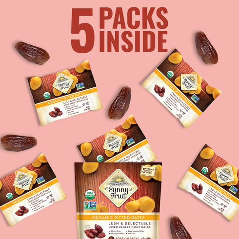 6 (30 Packs) Packs Sunny Fruit Organic Dried Pitted Deglet Nour Dates - Bags Individual Portion | No Preservatives, No
