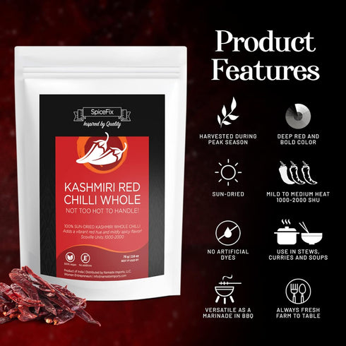 SpiceFix Whole Kashmiri Red Chilli Pepper, Mild to Medium Heat, Sun-Dried Red Pepper, 2.6 Ounces