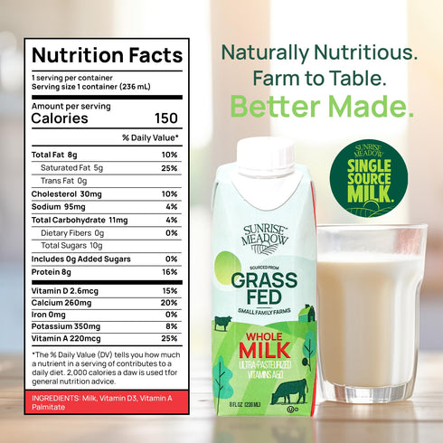 8oz (24 pack) Sunrise Meadow Shelf Stable Whole Milk, Grass Fed Milk Carton Sourced from Small Family Farms, Boxes