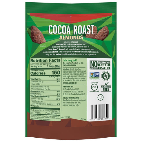 5 Oz (Pack 2) Emerald Nuts, Cocoa Roast Almonds, Resealable Bag