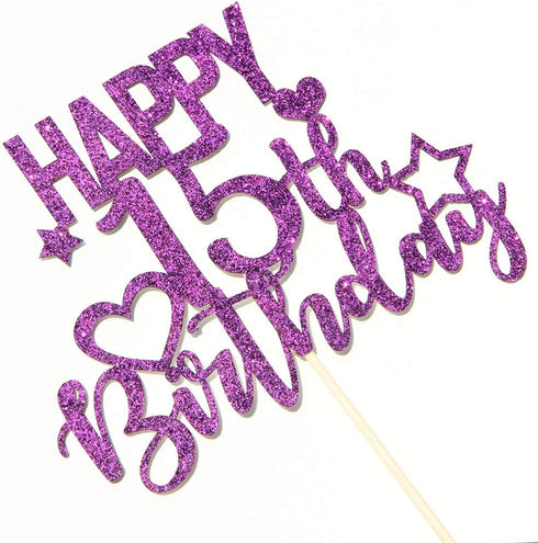 INNORU Purple Glitter Happy 15th Birthday Cake Topper - Cheers to 15 Years, Teenager Children's Party Decorations