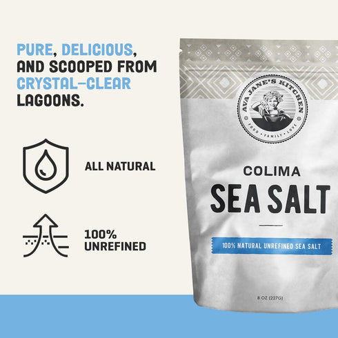 100% 227 Ava Jane's Kitchen - Colima Coarse Sea Salt - Unrefined, Natural, and Hand-Harvested - Protects Heart - Shapes