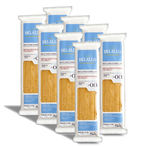 DeLallo Thin Spaghetti Pasta, 1 Pound Bag, 8 Pack, Al Dente Texture,