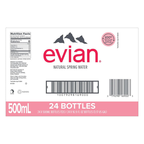 16.9fl oz./500mL (pack 24) evian Natural Spring Water, PH Balanced with Natural Electrolytes, Bottles
