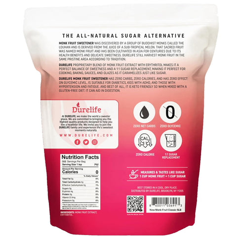 1:1 5 lb (Packaging Durelife Monk Fruit Sweetener, Classic - Sugar Substitute, Keto Diet Friendly, Zero Calorie, White