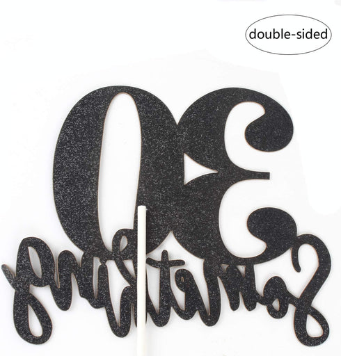 30 Something Cake Topper Double Sided Black Glitter Sign for 30th Birthday Party Decorations