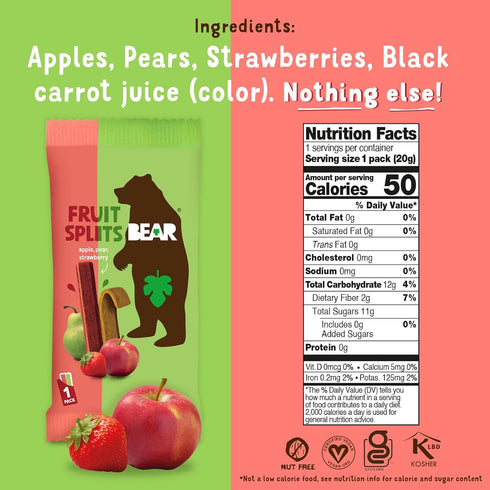 0.7 (Pack 18) BEAR Real Fruit Snack Splits - Gluten Free, Vegan, and Non-GMO - Apple and Strawberry Healthy School