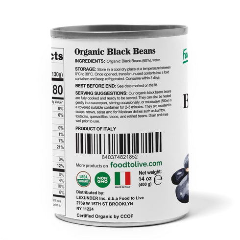14 oz (Pack 8) Food to Live Organic Canned Black Beans, of - Unsalted Non-GMO Frijoles Negro. Perfect for Salads