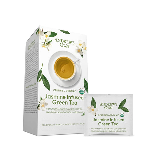 Andrew Lessman Jasmine Infused Green Tea, 90 Sachets, Organic-Certified Gardens, High Polyphenols