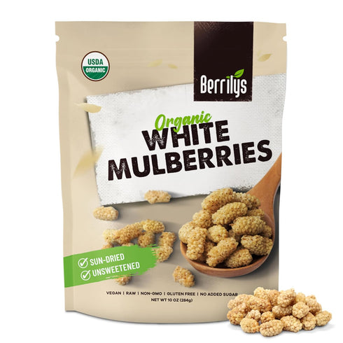 Berrilys Organic Dried Mulberries - White Mulberry, Non-GMO, Unsulfured, Raw, Kosher, Vegan