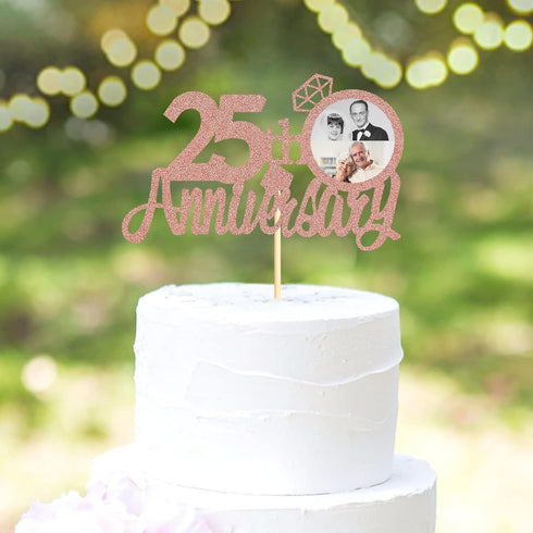 Sumerk 25th Anniversary Cake Topper, 13PCS Rose Gold Glitter Decorations Set for Wedding Celebration Party
