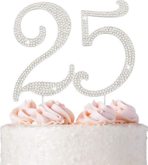 25 Cake Topper - Premium Silver Metal - 25th Birthday or Anniversary Party Sparkly Rhinestone Decoration in Box