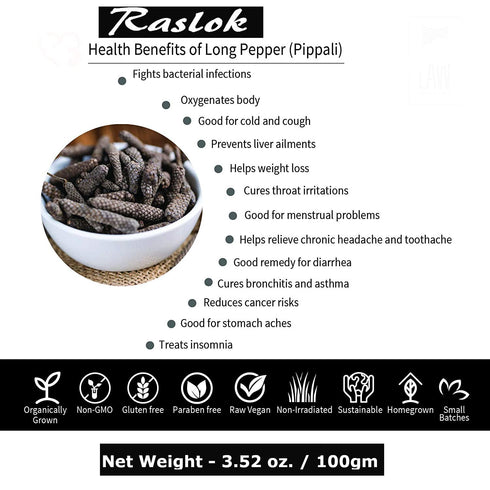 Raslok Dried Pippali Indian Long Pepper Whole, 3.52 oz - 100gm, Organic Whole Black Pepper, Multipurpose Seasoning