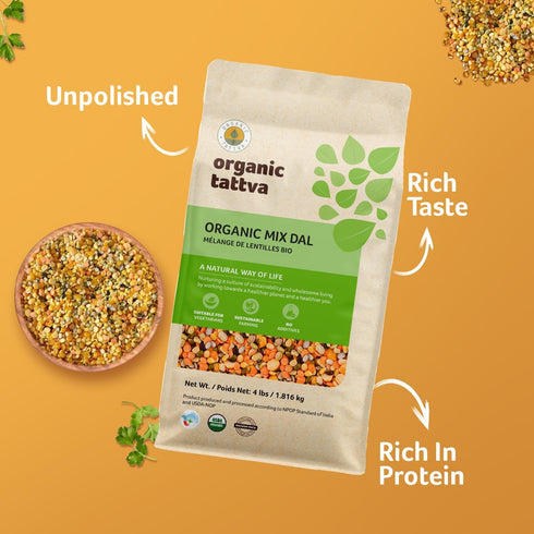 (4 lbs) Organic Tattva Mix Dal - Unpolished Lentils Organic, Gluten Free, Vegan & Kosher - High Protein Split Beans