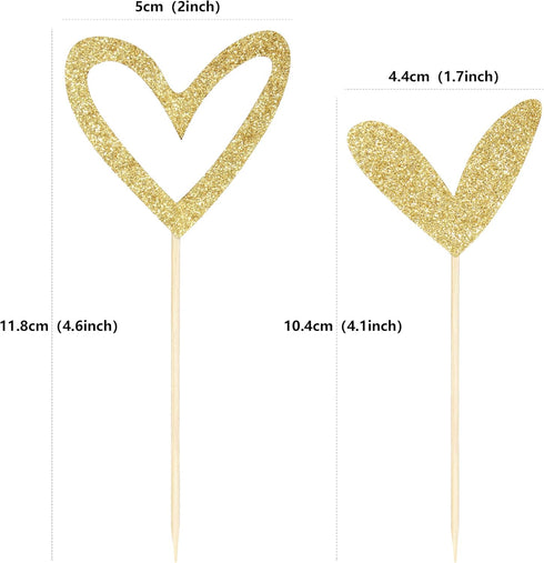 24 PCS Cute Gold Glitter Heart Cupcake Toppers for Wedding, Bridal, Anniversary, Baby Shower Party Decorations