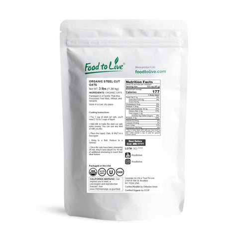 3 100% Food to Live Organic Steel Cut Oats, Pounds Whole Grain Irish Oats, Non-GMO Cereal, Non-Irradiated, Vegan, Bulk