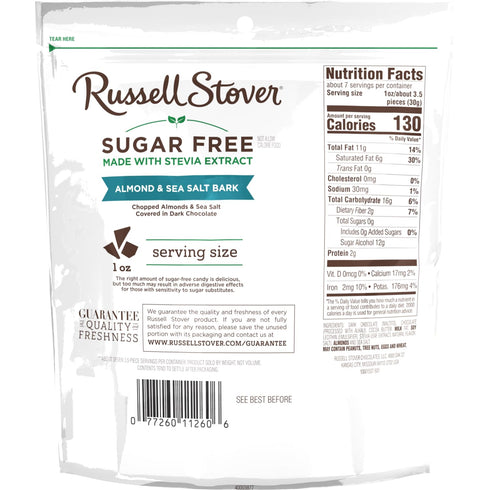 7.5 oz 24 RUSSELL STOVER Sugar Free Dark Chocolate Almond & Sea Salt Bark, bag ( pieces)