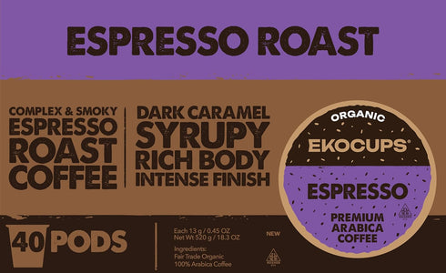 30% 40 Count EKOCUPS Organic Espresso Roast Coffee Pods, Extra More Coffee Per Cup, Artisan Fair Trade Dark Roast