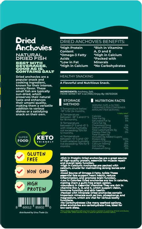 Generic Omega-3, 4oz (110g) Premium Extra Salty Dried Anchovies Savory Asian Seafood Snack, High Protein, Rich