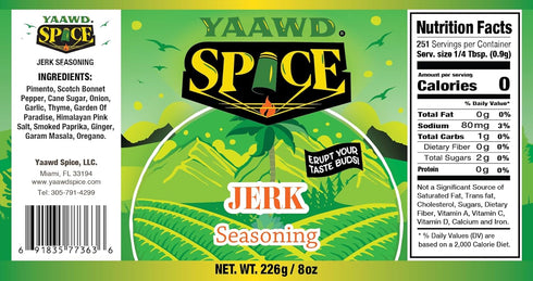 Yaawd Spice - Authentic Jamaican Gourmet Jerk Seasoning, Caribbean Dry Rub Powder 8oz with Scotch Bonnet & Pimento for