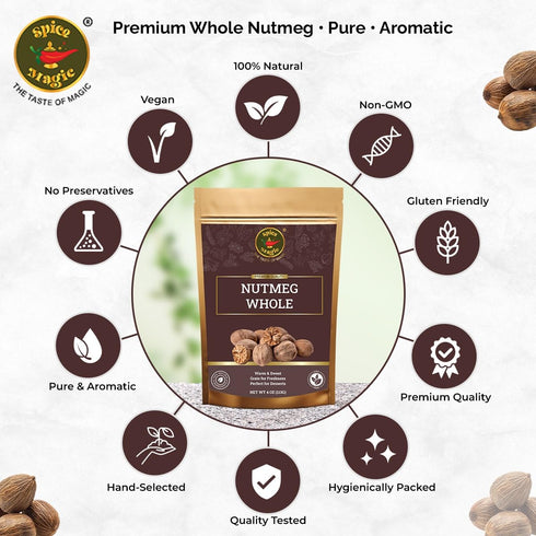 4oz (113G) 100% Spice Magic Nutmeg Whole | Gluten Free, Vegan and Non-GMO, Natural I Perfect for Coffee, Tea, Hot