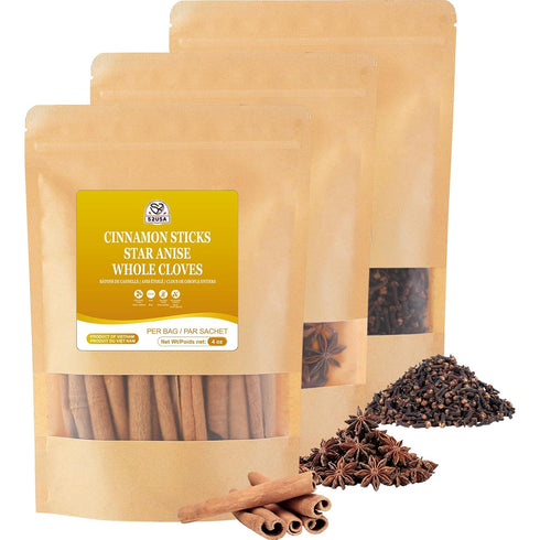 52USA Cinnamon Sticks, Star Anise, Whole Cloves - 4oz Each, All Natural