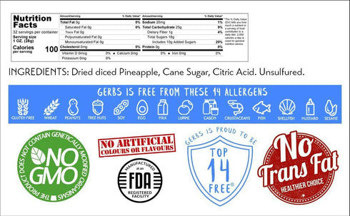 2 LBS 14 Gerbs Dried Pineapple Cubes, - Preservative Free & Unsulfured - Top Food Allergy Free & Non GMO - Product