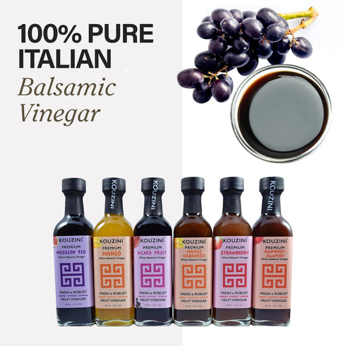 60ml 6 pack. 100% Kouzini Fruit Vinegar Variety No artificial flavors, no natural flavors, no preservatives. real