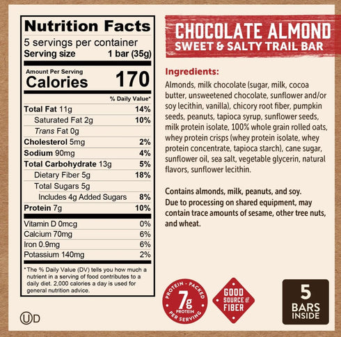 Generic (20 7g Sweet and Salty Trail Bar Cranberry Chocolate Chip & Chocolate Almond Bars) | of protein | whole grains