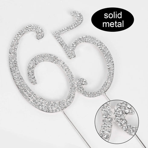 65 Years Birthday Cake Topper, Crystal Rhinestone 65th Wedding Anniversary or 65 Years Old Party Decoration Silver