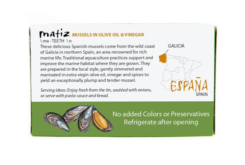 Matiz España Mussels in Extra Virgin Olive Oil & Apple Cider Vinegar, 3.92 oz - Handcrafted in Galicia, Spain