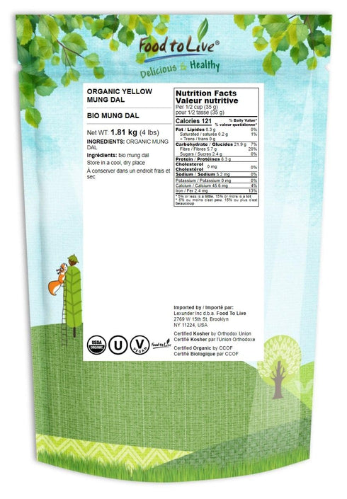 4 Food to Live Organic Yellow Mung Dal, Pounds Non-GMO, Peeled Split Mung Beans (Moong Dal). Ayurvedic Food. Easy