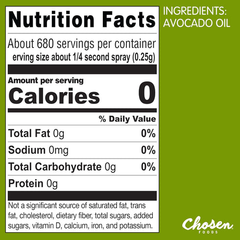 Chosen Foods 100% Pure Avocado Oil Spray, Keto and Paleo Diet Friendly, Kosher Cooking Spray for Baking, High-Heat Cooking and Frying (6 oz, 2 Pack)
