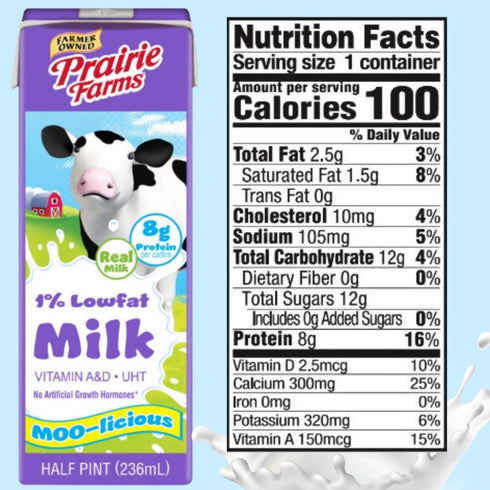 Prairie Farms Dairy 1% 8 oz. (27 Pack) Prairie Farms Percent Milk, Shelf Stable Low Fat Milk, Boxed & Ultra Pasteurized