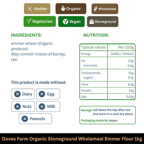 Emmer 2.2 lb 1 (Pack 2) Emmer Doves Farm Organic Stoneground Wholemeal Flour / kg of - High Protein Ancient Grain Whole