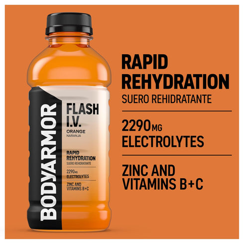 20 Oz (Pack 12) BODYARMOR Flash I.V. Electrolyte Beverage, Orange, Hydration Drink with Coconut Water For Rapid