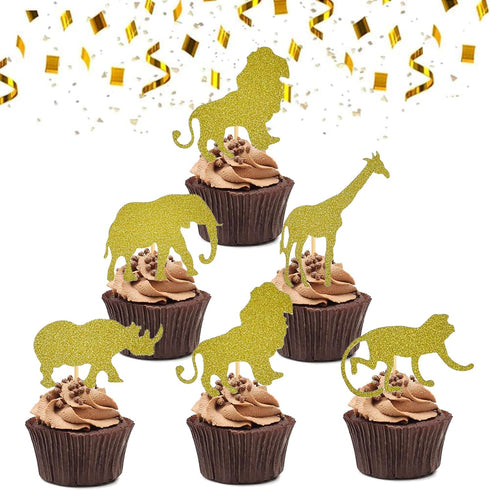 30 Pack Gold Glitter Jungle Safari Animal Cake Cupcake Toppers - Decorations for Baby Shower and Birthday Party