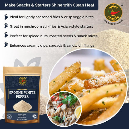 4 oz Spice Magic Ground White Pepper | Gentle, Mild Heat and Subtle Flavor Perfect For Light Sauces, Soups, Chicken