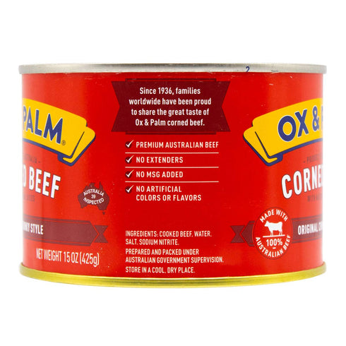 Ox & Palm 15 oz (Pack 4), Corned Beef Original Chunky Style of Juicy, Tender, Simple Ingredients, Australian Import