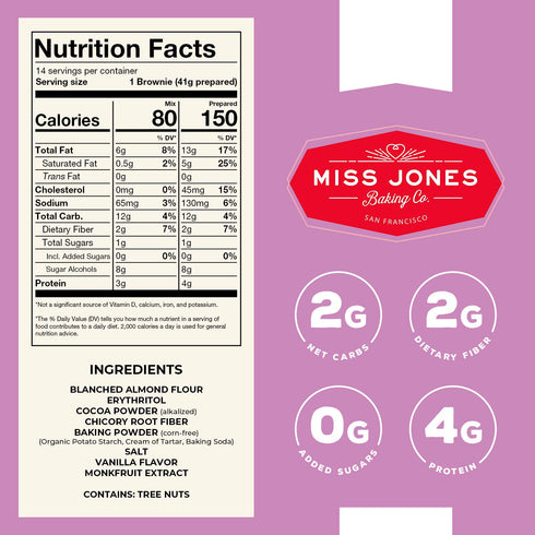 Miss Jones Baking Brownie Mix, Almond Flour, Gluten Free, Low Carb, No Sugar Added, Naturally Sweetened Desserts, Pack