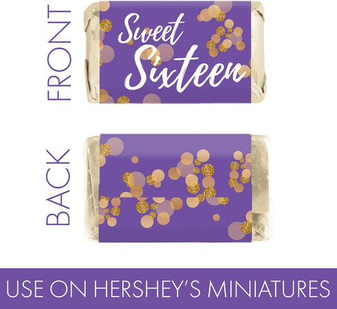 Sweet 16 Birthday Party Mini Chocolate Candy Bar Wrappers - Purple and Gold - 42 Stickers for Sweet Sixteen Favors